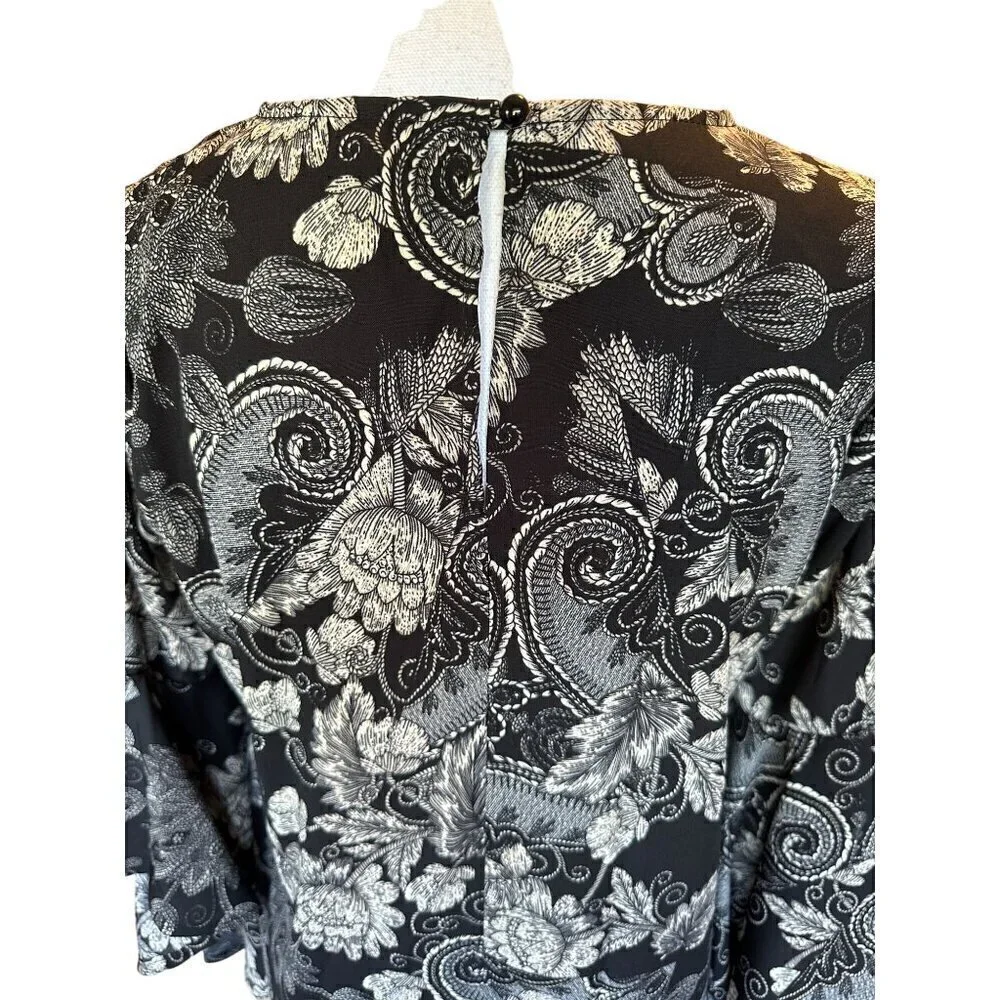 Uncle Frank Women's Dress Sz S Floral Bell Ruffle Sleeve Black Tan Keyhole Back